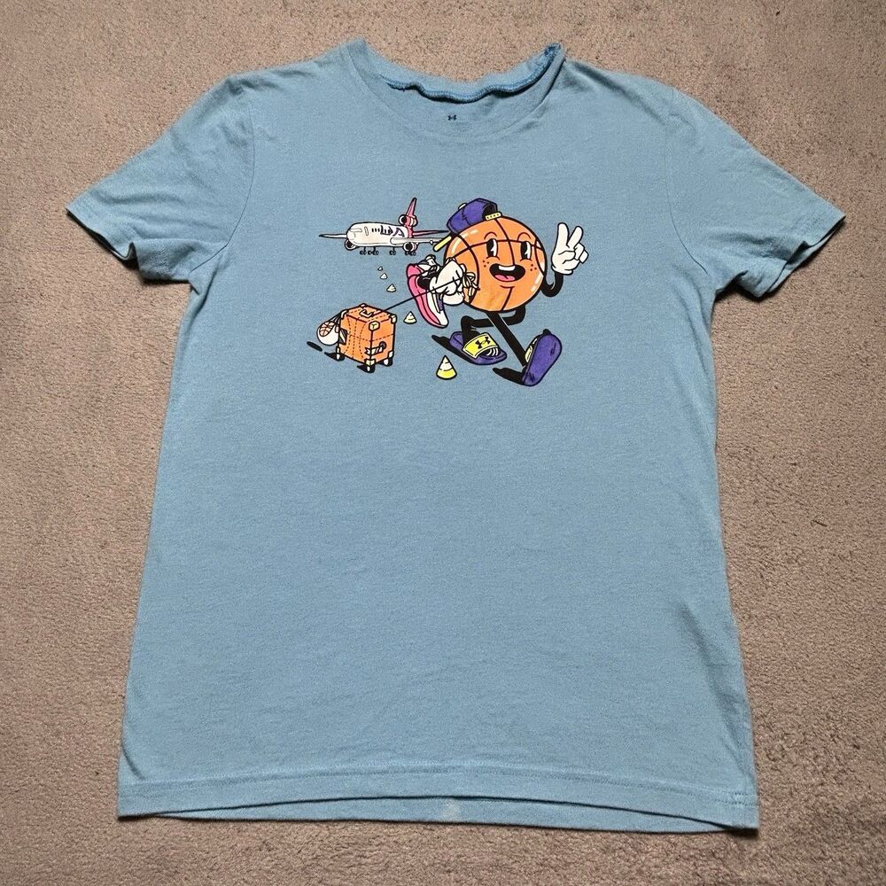 Under Armour Graphic T-Shirt Youth Boys Medium YMD Basketball Travel Plane Blue